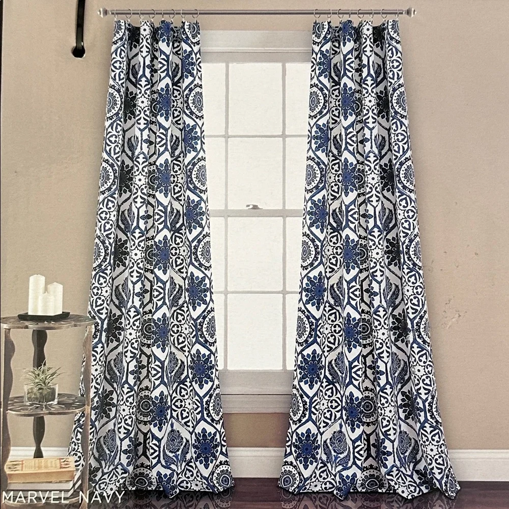 Half Moon Room Darkening Insulated Window Curtain Panels Set Navy White 52”X 84”